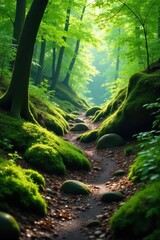 Moss-covered rocks along forest trail, vibrant green canopy, path, foliage