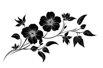 Floral Silhouette Design Black Flowers, Branch, Leaves, Buds on White Background
