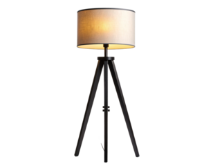 Modern White Tripod Lamp with Black Wooden Frame, isolated on transparent background.