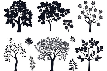 Obraz premium Assorted Black Tree Silhouettes with Leaves, Branches and Flowers, Isolated on White