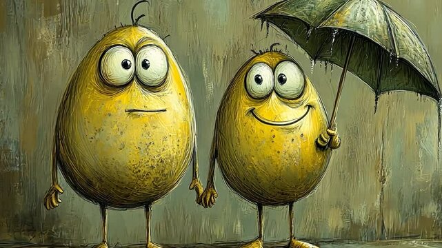 Two yellow egg-shaped characters, one holding an umbrella