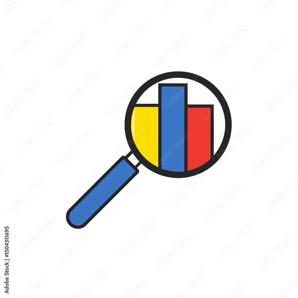 Poster analyzing data bar graph under magnifying glass on white background