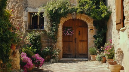 Fototapeta premium Garden-covered entrance to a sun-kissed French village home, complete with vintage wood door and floral charm