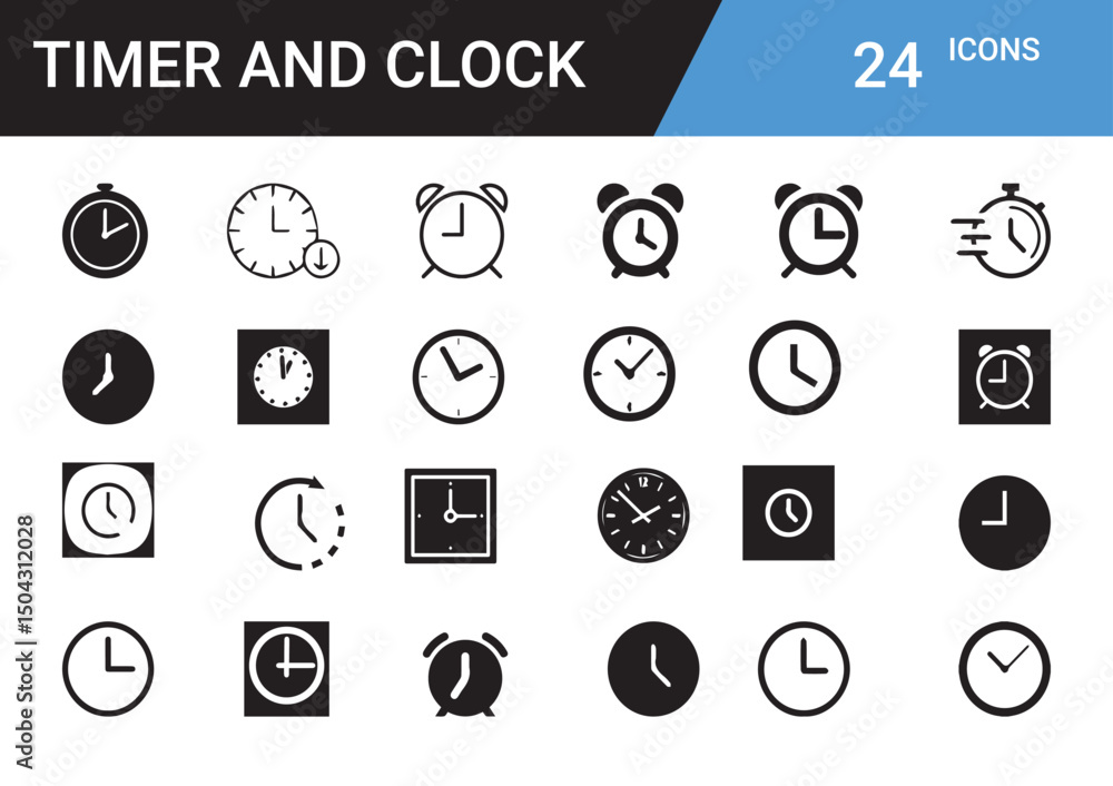Poster icons of time: a collection of varied timepieces, from digital to analog, in both simple and complex