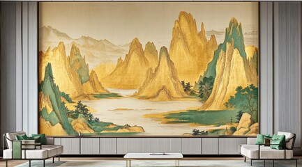 Golden mountain landscape painting adorns a wall, featuring towering peaks, a serene river, and lush greenery