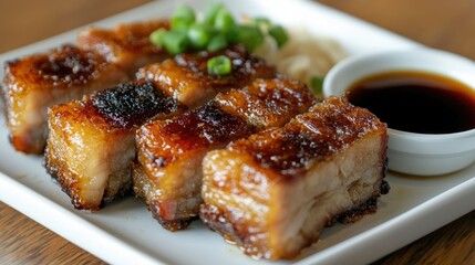 Golden crispy pork belly pieces, neatly arranged on a white plate, with a small dish of soy vinegar dipping sauce.