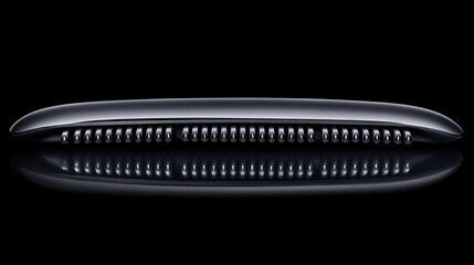 Sleek metallic object with textured surface, reflecting on a dark surface.
