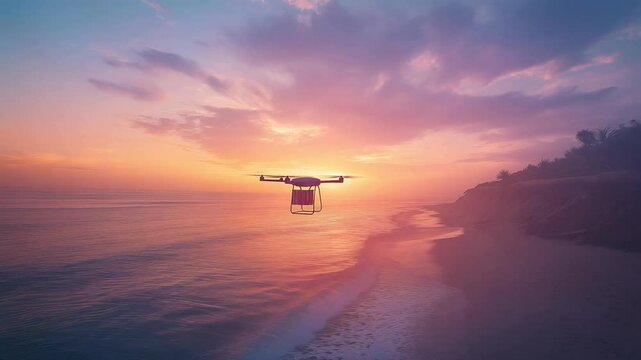 Drone captures breathtaking coastline views at sunset over tranquil waters