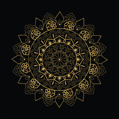 Golden Floral Mandala Pattern on Black Background Ornamental Design, Intricate Details
