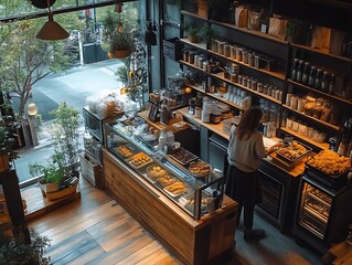 A coffee shop interior features food display and a working staff member