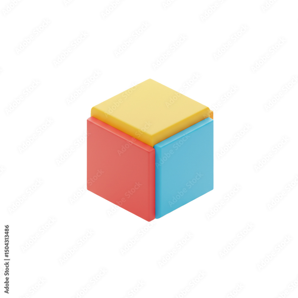 Poster 3d rendering of a geometric cube formed by stacking red, blue, and yellow blocks in a clean and mini