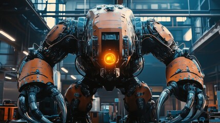 Fototapeta premium A fearsome cybernetic giant with huge steel fangs, a glowing power core robot, background wallpaper AI generated image