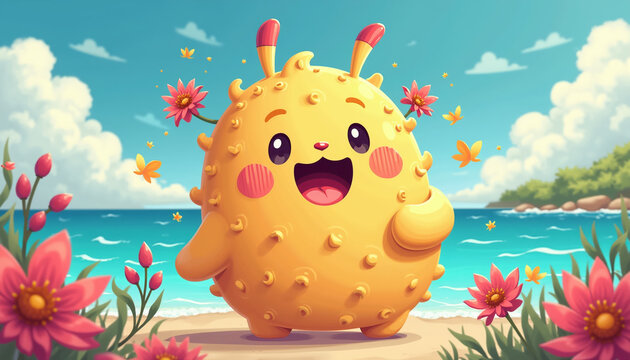 Cheerful Cute Monster Beach Scene