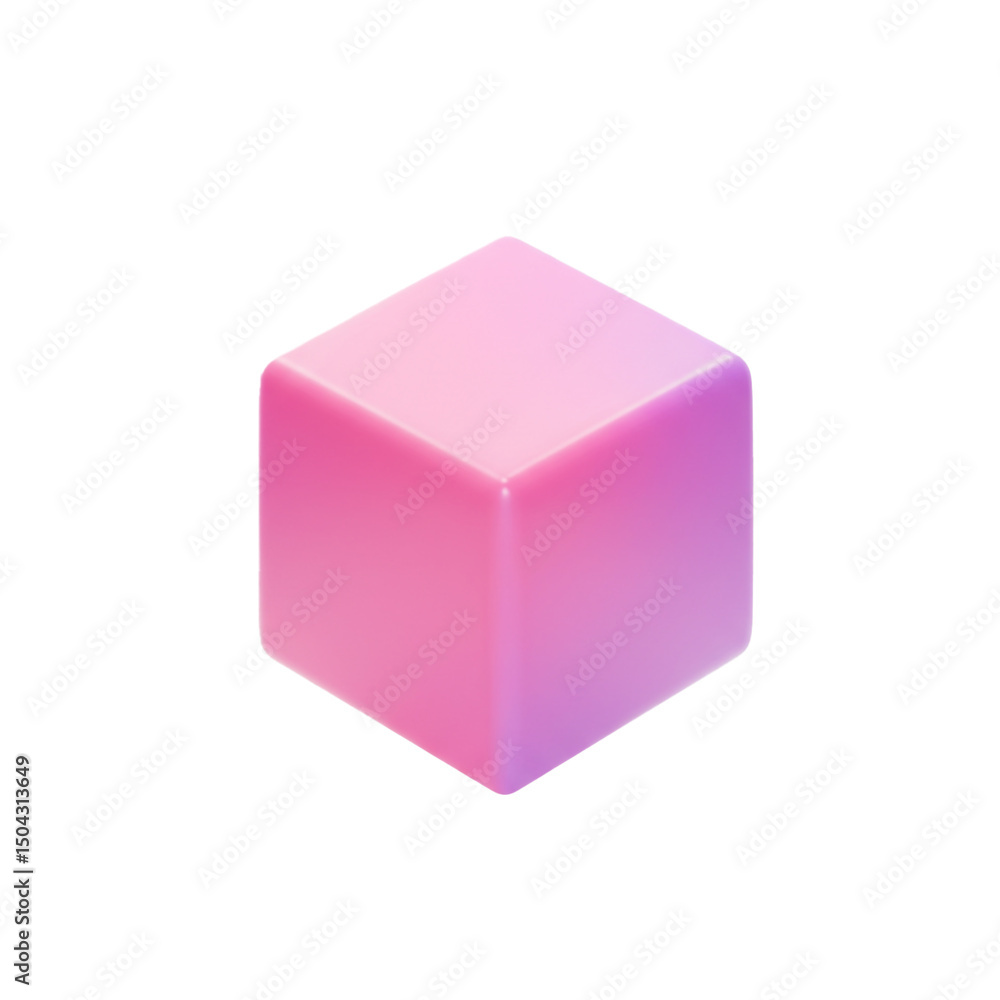 Poster isometric render of a pink gradient cube standing against a pristine white backdrop, evoking simplic