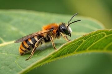 Close-Up of Bee with Orange and Black Wing Stripes on Green Leaf with Blurred Background