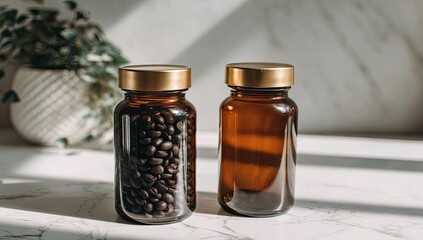 Two amber glass jars, one filled with coffee beans, the other seemingly filled with a liquid. Sunlight casts shadows on a marble countertop