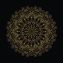 Intricate Golden Mandala Design on Black Background Symmetrical Art with Floral Elements