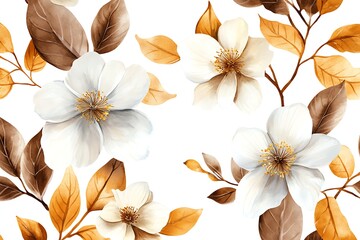 Fototapeta premium Watercolor Floral Pattern White Magnolia Flowers with Golden and Brown Autumn Leaves