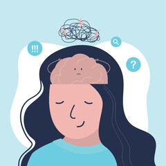 Confused, anxious and stressed brain. Female character sleeping, but mind with nervous problem feels anxiety and confusion.