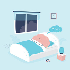 Human brain character has a healthy sleep in the bed. Brain mascot under blanket in bed is sleeping and relax. Bedtime, night. Room interior.