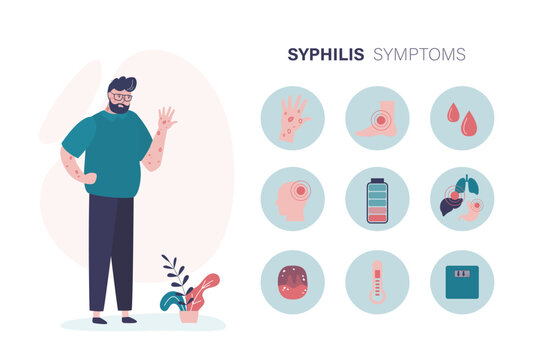 Syphilis disease, symptoms infographic, reasons and consequences, stages infographic for infected man. Sexual infections risk concept. Unhappy sick guy and various medical icons