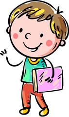 Schoolchild with a book. Isolated illustration of kid standing with book