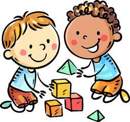 Happy two kindergarten children playing with blocks. Little kids playing with toys. Isolated illustration