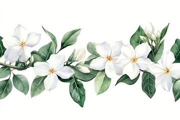Watercolor Border with White Jasmine Flowers, Buds and Green Leaves on White Background