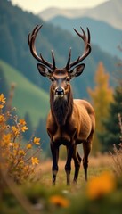 Fototapeta premium Majestic mule deer buck, gold autumn leaves, green hillside, odobenidae, mule deer, gold