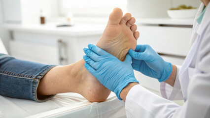 Podiatry Foot Examination with Gloved Hand. Generative AI. 
