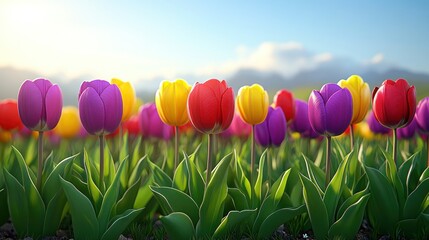Colorful tulips in a field, sunrise backdrop