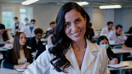 Female teacher in university lecture room. Medical students seated in classroom. Teacher explains during study session. Students learning medicine at university. Classroom setup with focused lecture - Powered by Adobe