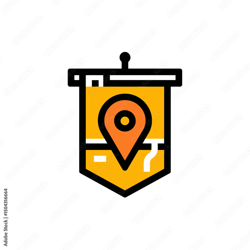 Poster orange pointer marks location within golden banner flatly displayed