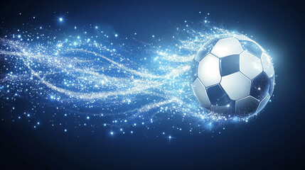 Naklejka premium A dynamic soccer ball made of glowing dots and lines bursts into action against a dark blue background filled with stars and geometric forms.