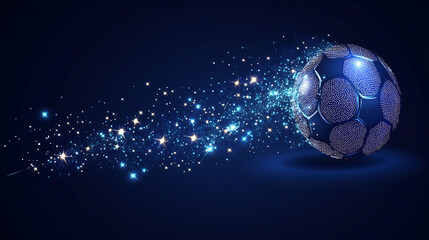 Naklejka premium On a deep blue backdrop, a soccer ball composed of sparkling lines, dots, and shapes appears in motion, surrounded by shimmering stars.