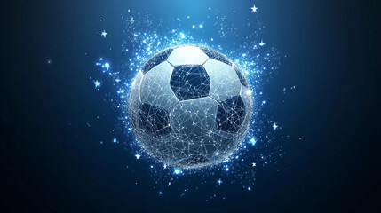 Naklejka premium This futuristic scene shows a soccer ball in action, designed with digital dots, lines, and geometric patterns on a dark blue starry background.