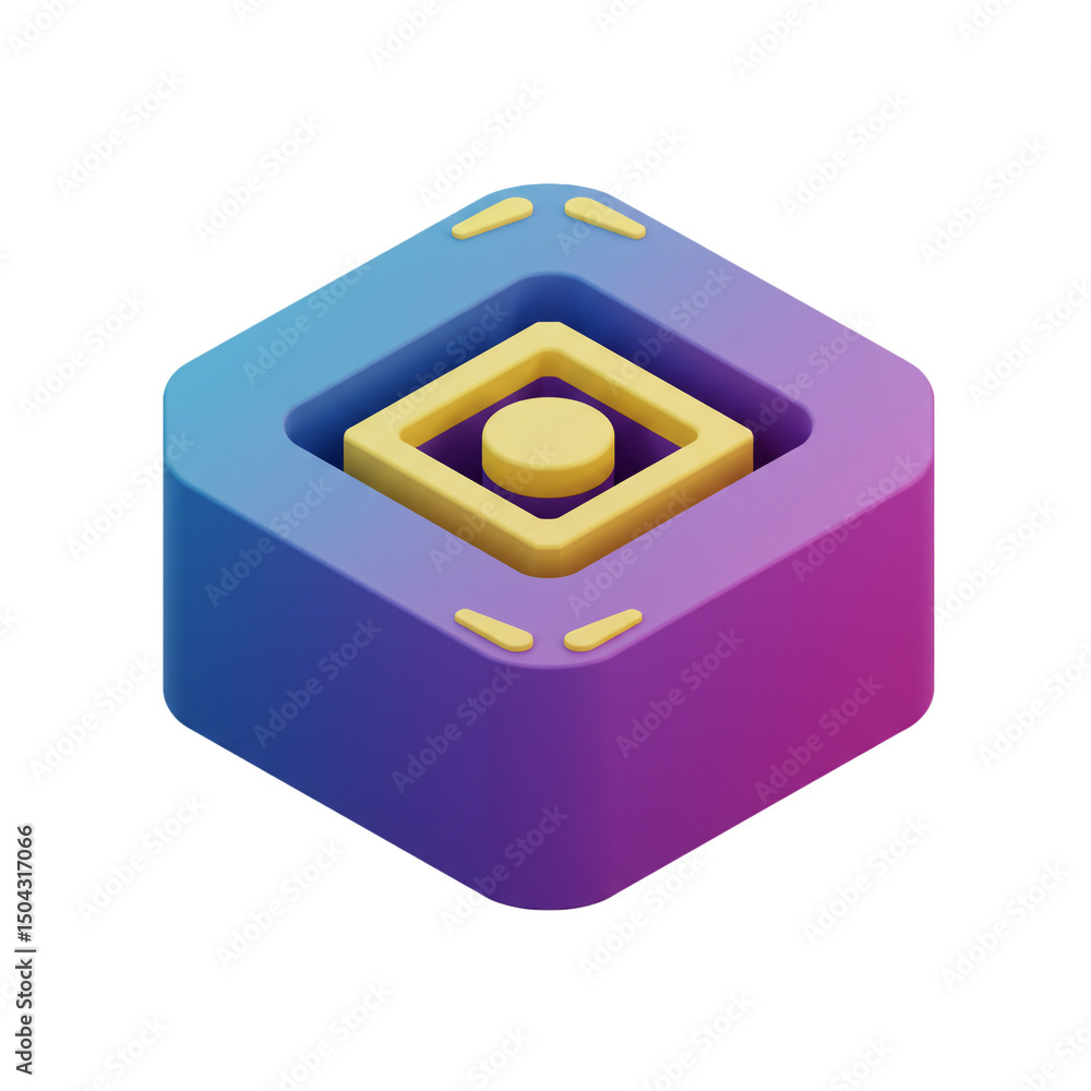 Poster a captivating 3d icon showcasing a gradient cubic shape with a golden rhombus and circular accents, 