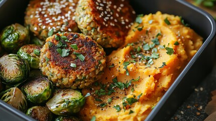 A vibrant, healthy meal prep container filled with colorful vegetables and protein-rich patties. A nutritious and delicious choice.