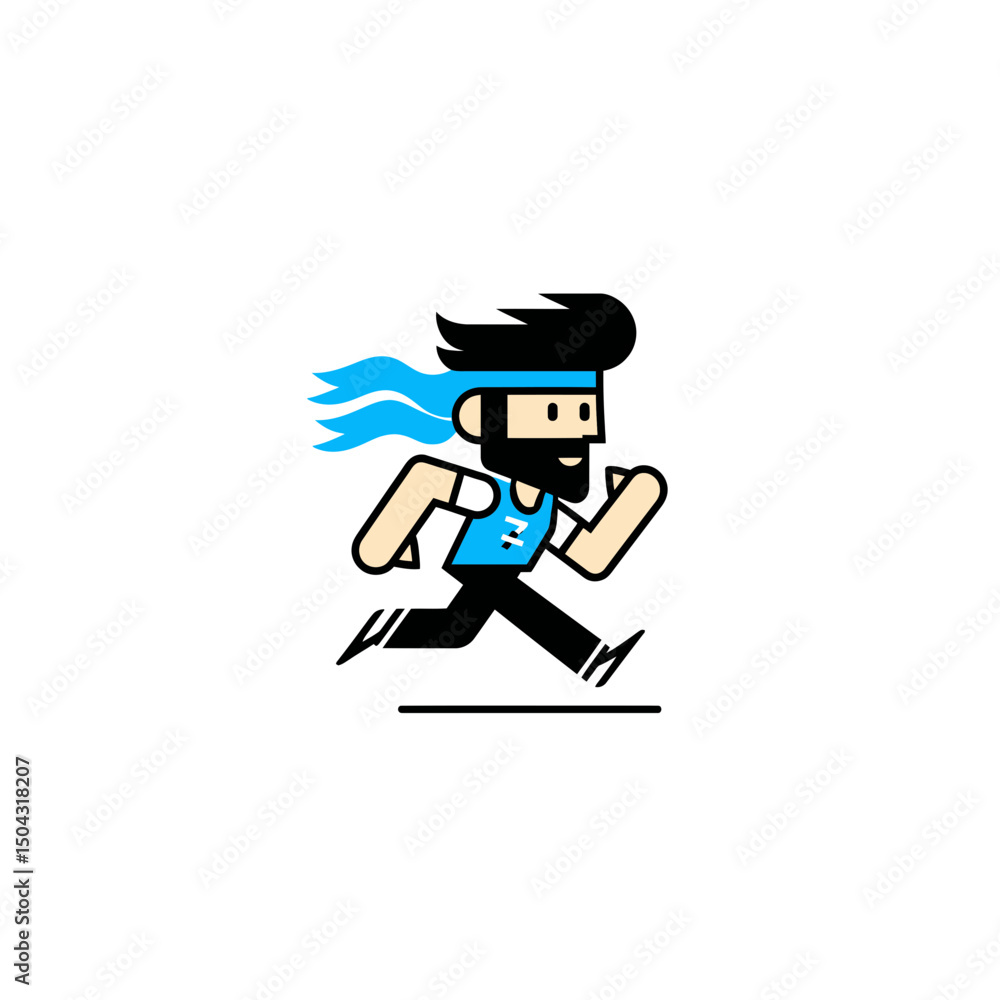 Poster bearded runner character sprints quickly across blank background vector