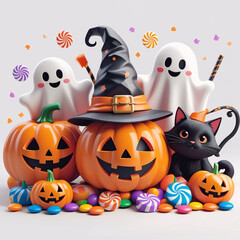 Obraz premium Cute Pumpkins, Ghosts, Black Cat, and Halloween Candy