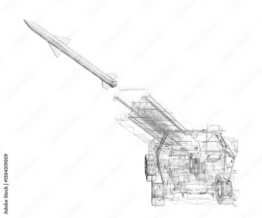 Poster a rocket is shown in a black and white drawing. the rocket is in the middle of the image and is surr