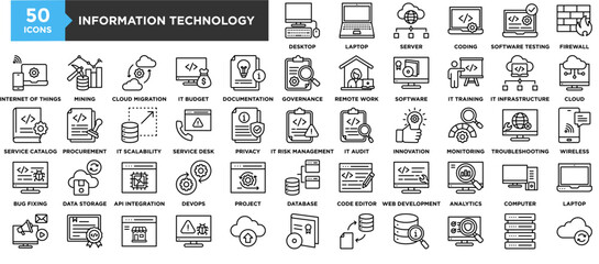 50 Information Technology icon set. Containing design digital, tech, technology, information, computer, internet	