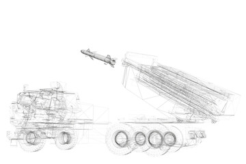 A large truck with a missile on top of it. The missile is in the air and is pointing towards the ground. The truck is surrounded by a lot of detail, including the wheels and the body of the truck