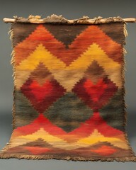 A vibrant handwoven textile features geometric patterns and rich colors