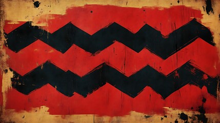 Abstract painted artwork depicts zigzag patterns of red and black