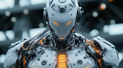 Fototapeta premium High-tech robot soldiers with wired armor and bodies, glowing electric cells visible, background wallpaper AI generated image