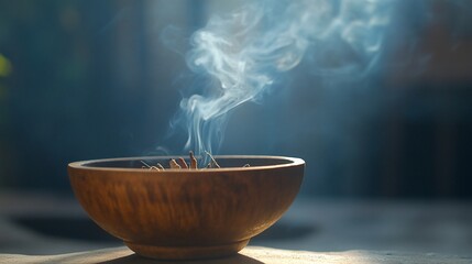 Incense burning in a wooden bowl, releasing fragrant smoke