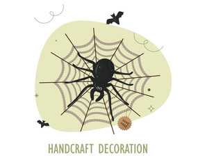 Handmade Spider Web Halloween Decoration Craft.  handcrafted Halloween decoration featuring spooky autumn design elements and artisanal details. Green halloween concept. Vector illustration