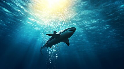 Fototapeta premium Action shot of diver in open ocean with bubbles, shark in distance,