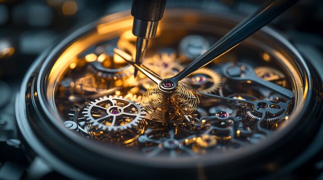 Intricate watch mechanism repair; tools delicately adjust gears